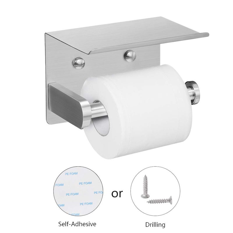 VAEHOLD Self Adhesive Toilet Paper Holder with Phone Shelf Stainless Steel Wall Mounted Toilet Paper Roll Holder - Rustproof and Bathroom Washroom Tissue Roll Holder with Storage Shelf - Silver - Image 2